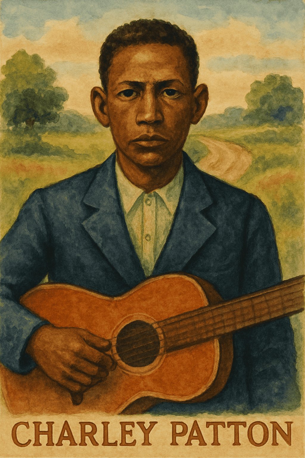 Watercolor painting of bluesman Charley Patton on a dirt road 